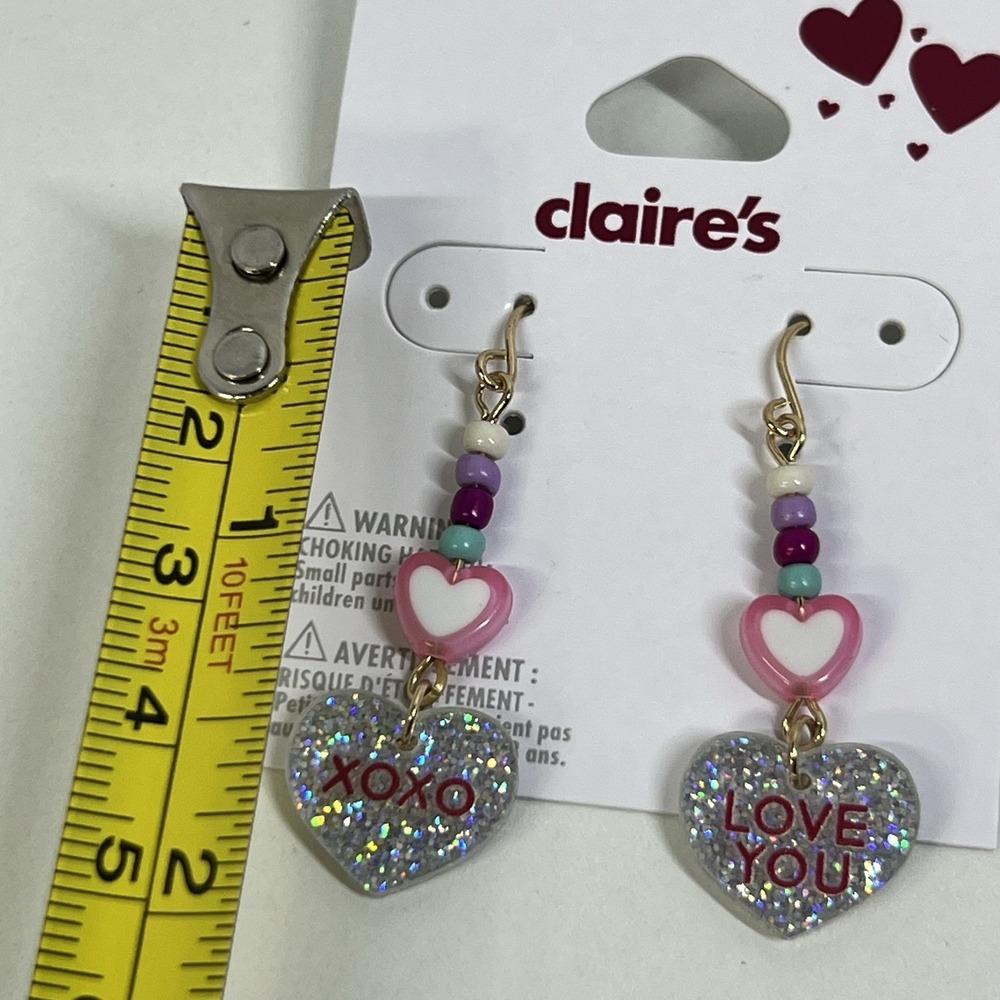 Claires Heart Drop Earrings XOXO Love You Glitter Valentine Pink Purple Blue‎ - Picture 3 of 4